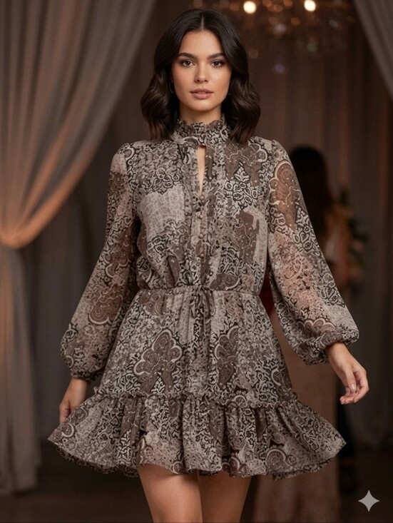 House of Harlow 1960 Dresses & Skirts - House Of Harlow 1960 Brown Tan Boho Paisley Sparkle Chiffon Peplum Dress Size 10